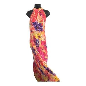 Cynthia Steffe red purple hibiscus print tiered halter maxi dress size large new
